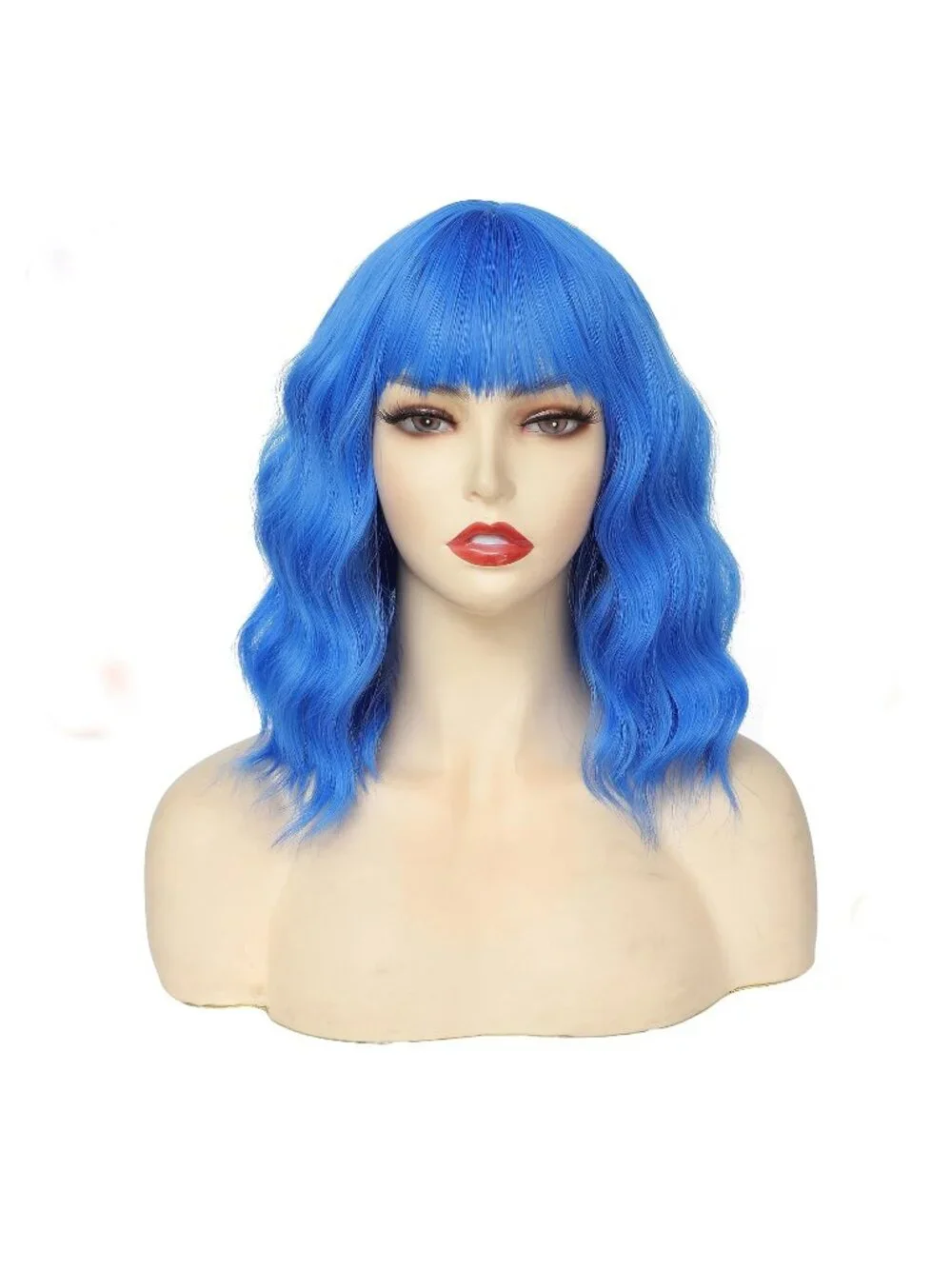 Women's Blue 14 Inch Heat Resistant Short Wavy Hair Pastel Bob Wig Bangs